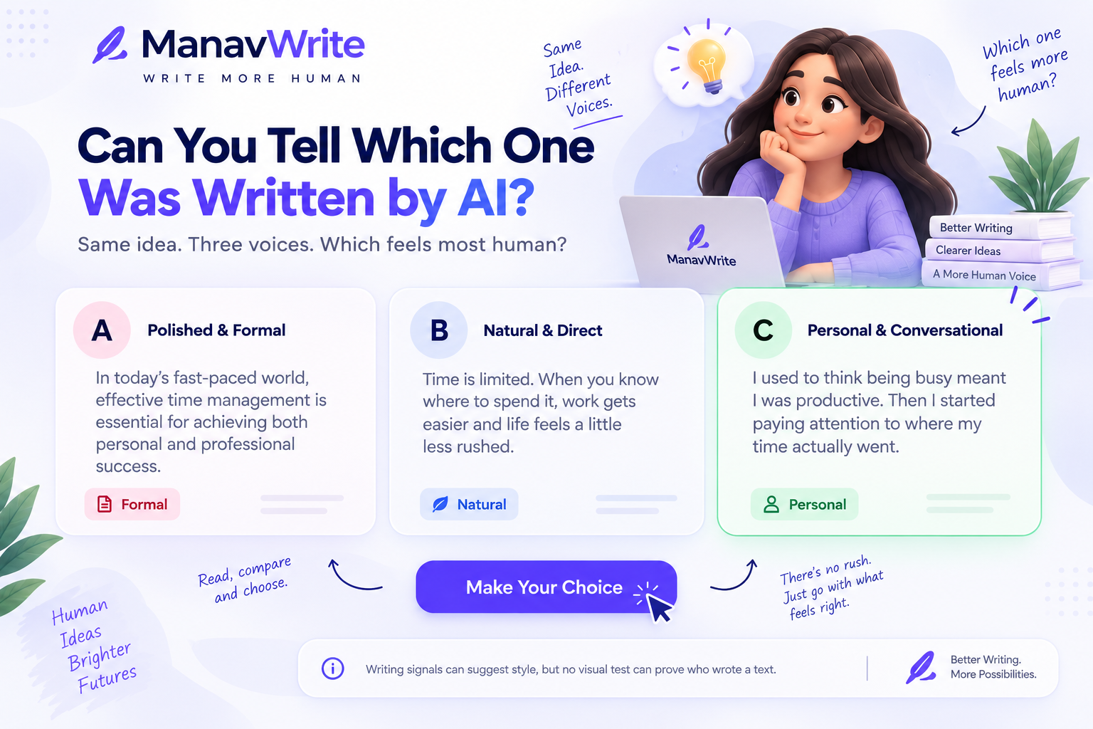 ManavWrite AI Humanizer quiz showing three different writing voices
