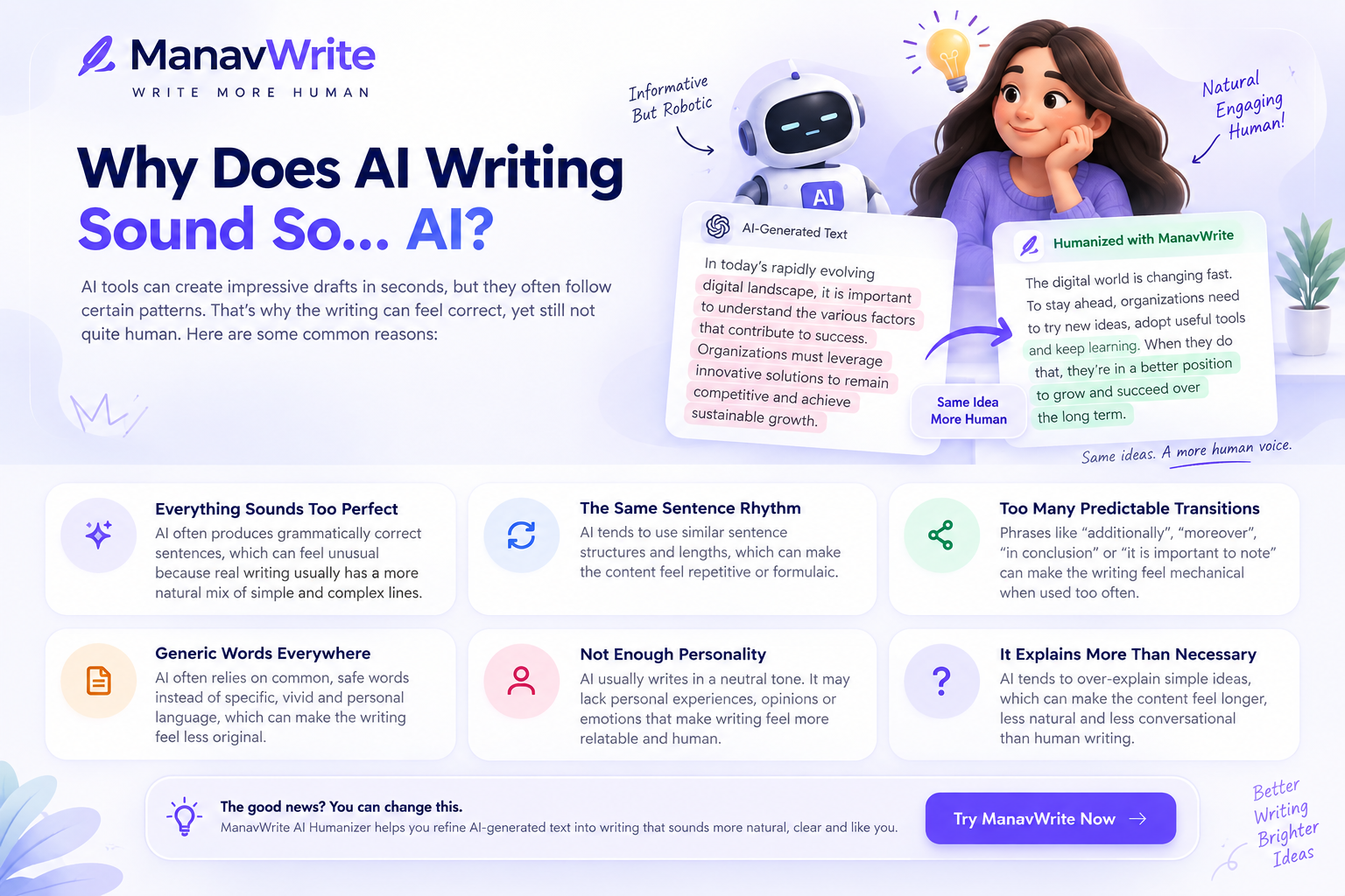 ManavWrite AI Humanizer comparison showing AI-generated writing and more natural humanized writing